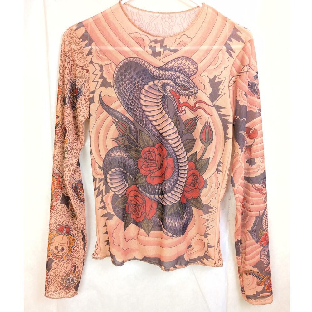Vintage Miami ink sheer mesh tattoo top Size Medium Snake Skull Grunge Y2K Indie